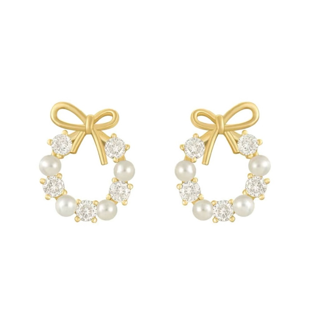 🌼 Faux Pearl Zircon mini Hoop Earrings with A Touch of Bow